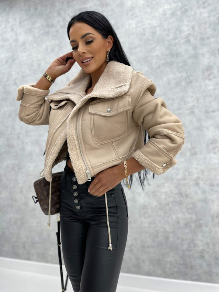 Motorcycle jacket with lapel and sherpa lining – Zoë