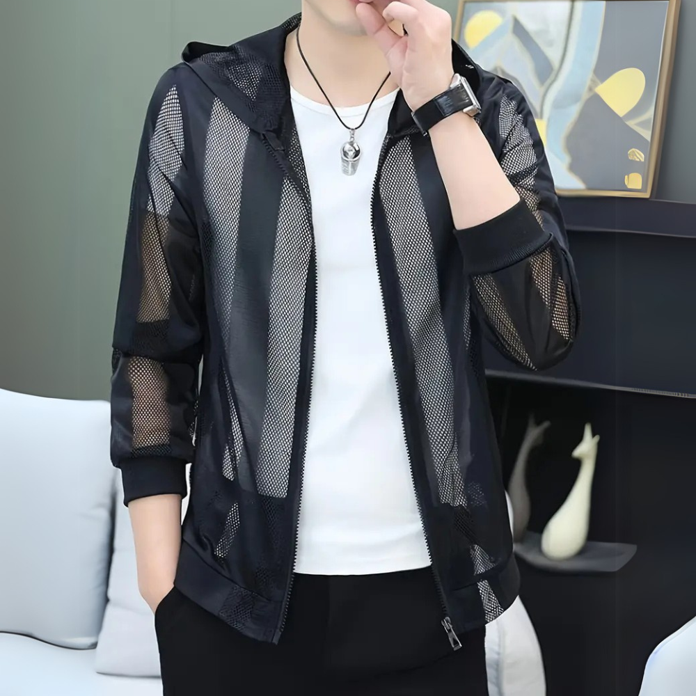 Schwarze Netzjacke mit Kapuze, Reißverschluss, lässig, Herrenmode, modern, atmungsaktiv.
