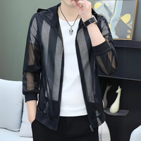 Schwarze Netzjacke mit Kapuze, Reißverschluss, lässig, Herrenmode, modern, atmungsaktiv.