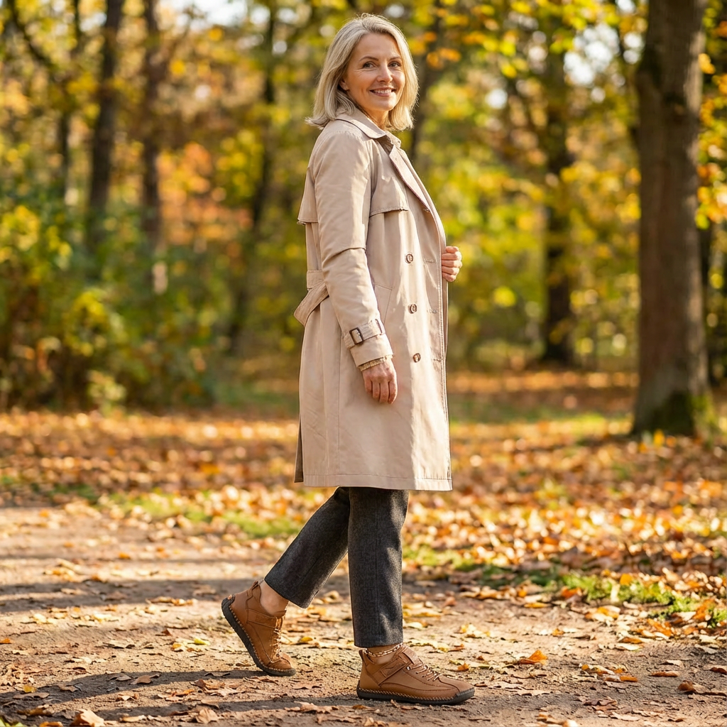 Frau im beigen Trenchcoat geht auf einem Waldweg im Herbstlaub und trägt braune Sneaker, Seitenansicht. 18