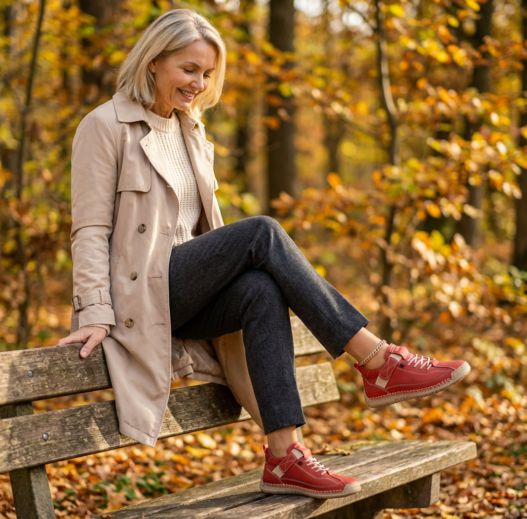 Frau auf der Parkbank hat ein Bein angehoben und zeigt die roten Sneaker mit Schnürung und Klettlasche. 23