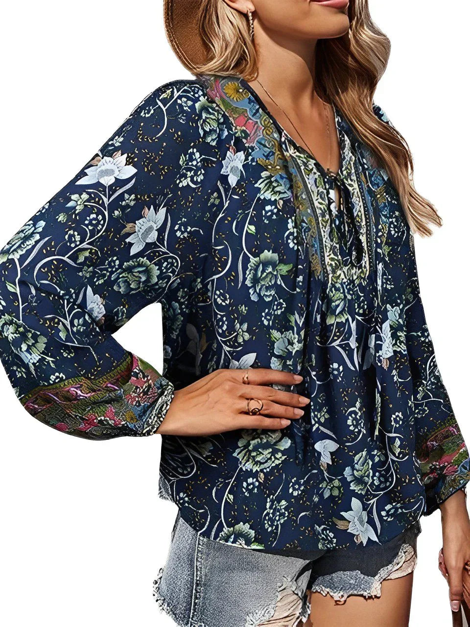 Vintage boheme sommerbluse med blomsterprint og lange ærmer – Sana