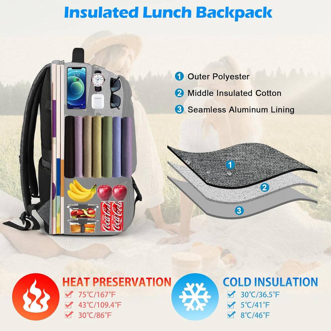 Waterproof laptop and lunch backpack with USB port – multi-compartment travel bag