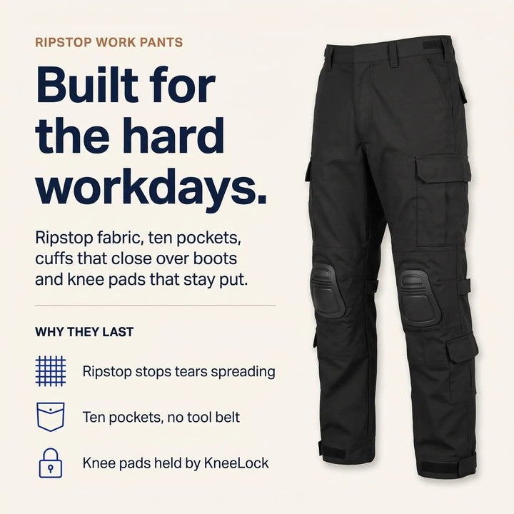 Infografik mit schwarzer Hose und Symbolen zu Ripstop-Gewebe, zehn Taschen und fest sitzenden Knieschonern für harte Arbeitstage. 4