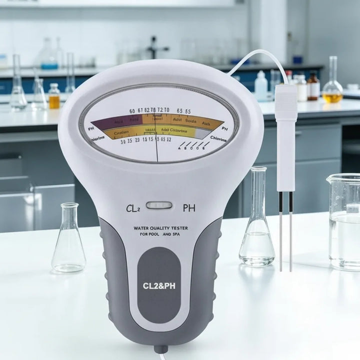 Das Messgerät mit Skala und Zweistift-Sonde auf einem weißen Labortisch zwischen Glaskolben und Bechergläsern. 5