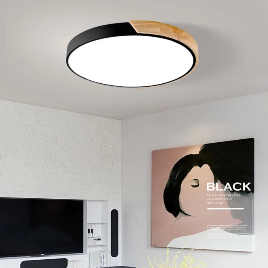 Schwarze Deckenleuchte mit Holzakzent im Wohnzimmer, zweite Ansicht derselben Einrichtung mit Fernsehregal und Wandbild im Hintergrund. 2