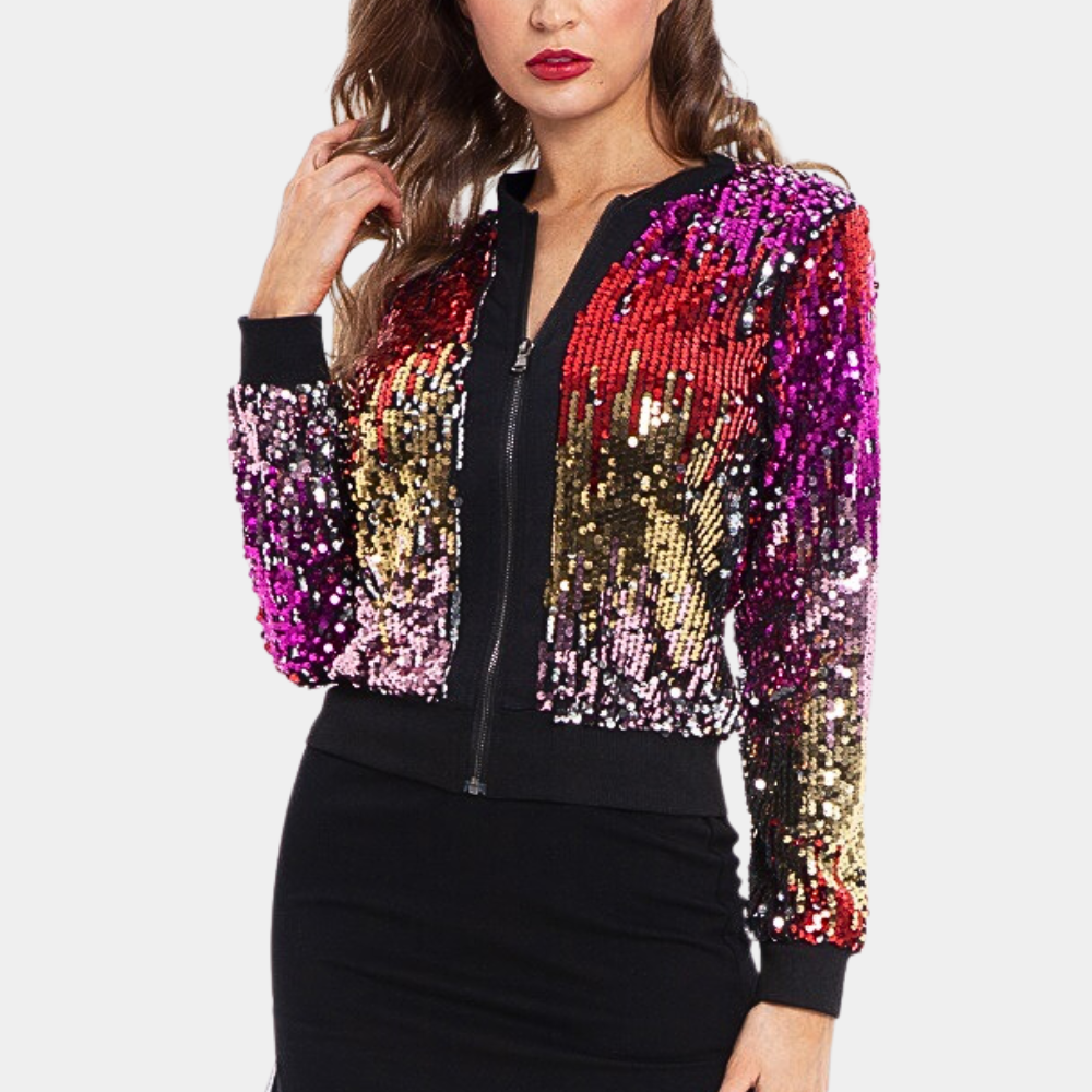 Frau trägt bunte Paillettenjacke, Reißverschluss, modisch, glamourös, Party-Outfit, elegant.