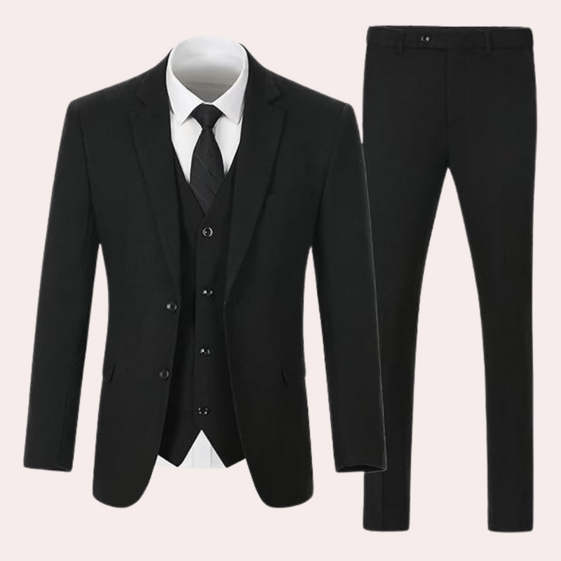 Schwarzer Herrenanzug mit Weste, Krawatte und Hose, formelle Businesskleidung, elegant.