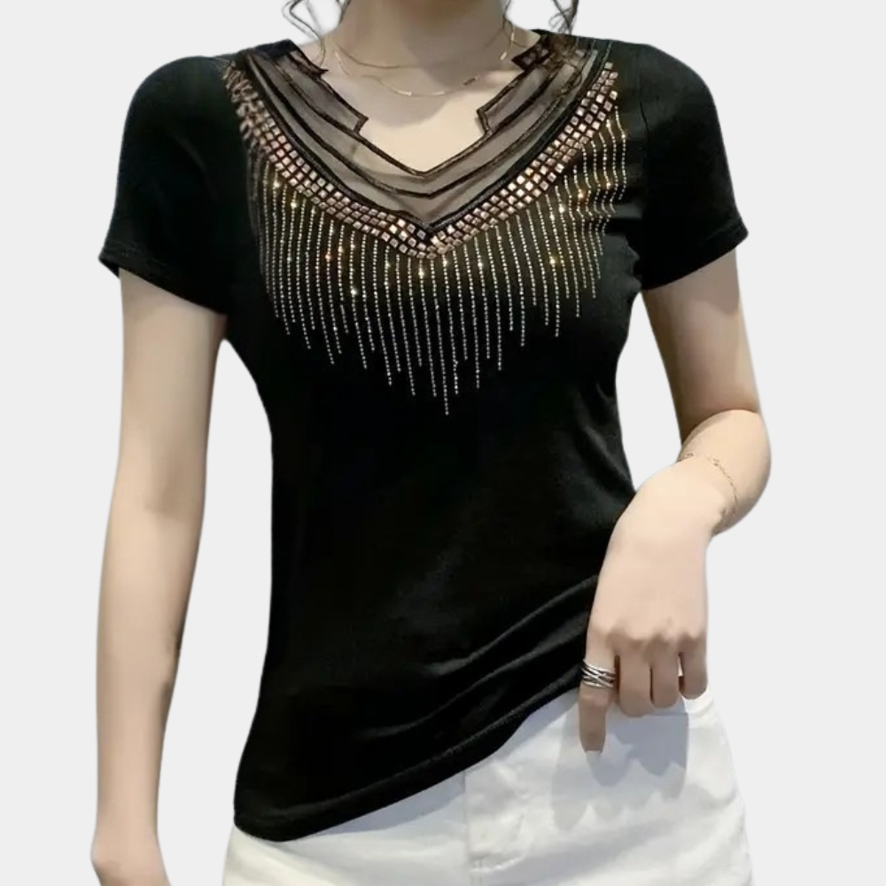 Schwarzes Damen-T-Shirt mit V-Ausschnitt und Perlenverzierung, modisch, elegant, kurzärmelig.