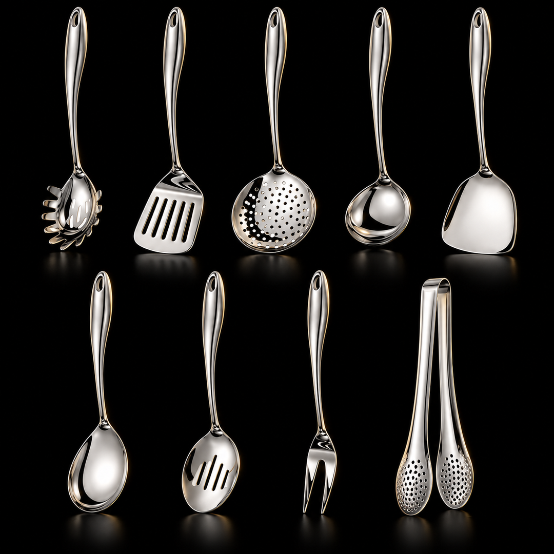 Neunteiliges Set in Edelstahl in zwei Reihen: Spaghettilöffel, Wender, Schaumlöffel, Kelle, Wok-Schaufel, Löffel, Schlitzlöffel, Gabel und Zange. 3