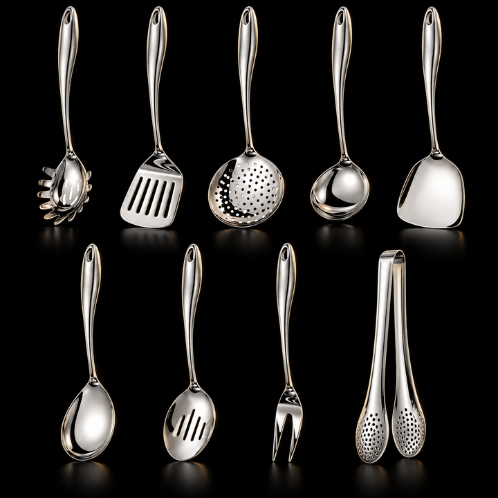 Neunteiliges Set in Edelstahl in zwei Reihen: Spaghettilöffel, Wender, Schaumlöffel, Kelle, Wok-Schaufel, Löffel, Schlitzlöffel, Gabel und Zange. 3