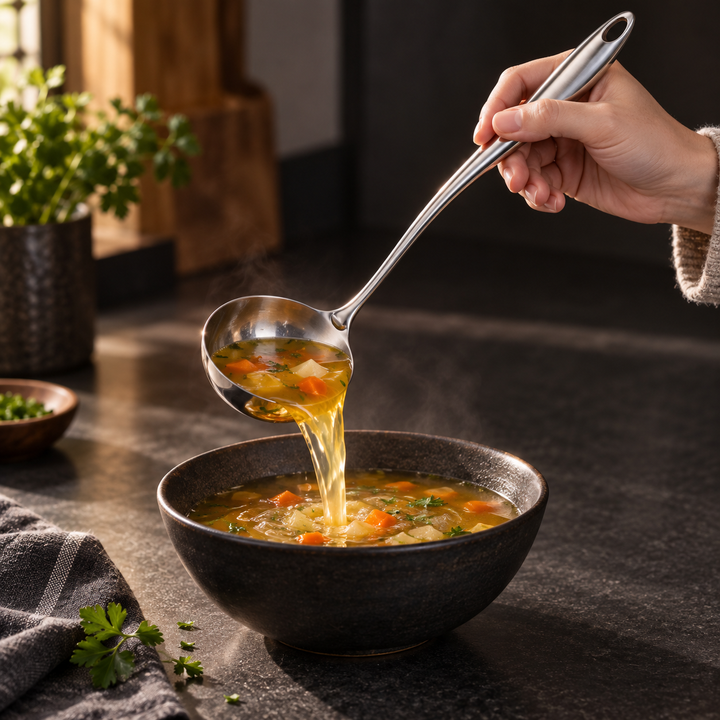 Hand füllt mit der Edelstahlkelle dampfende Gemüsesuppe in eine dunkle Schüssel. 12