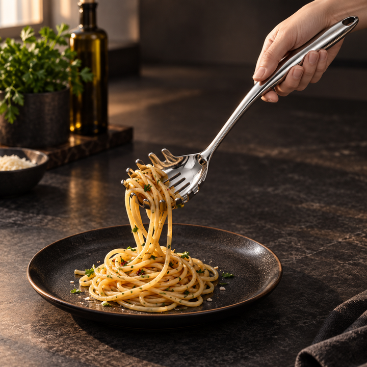 Hand hebt mit dem Spaghettilöffel aus Edelstahl Nudeln mit Kräutern von einem dunklen Teller. 11