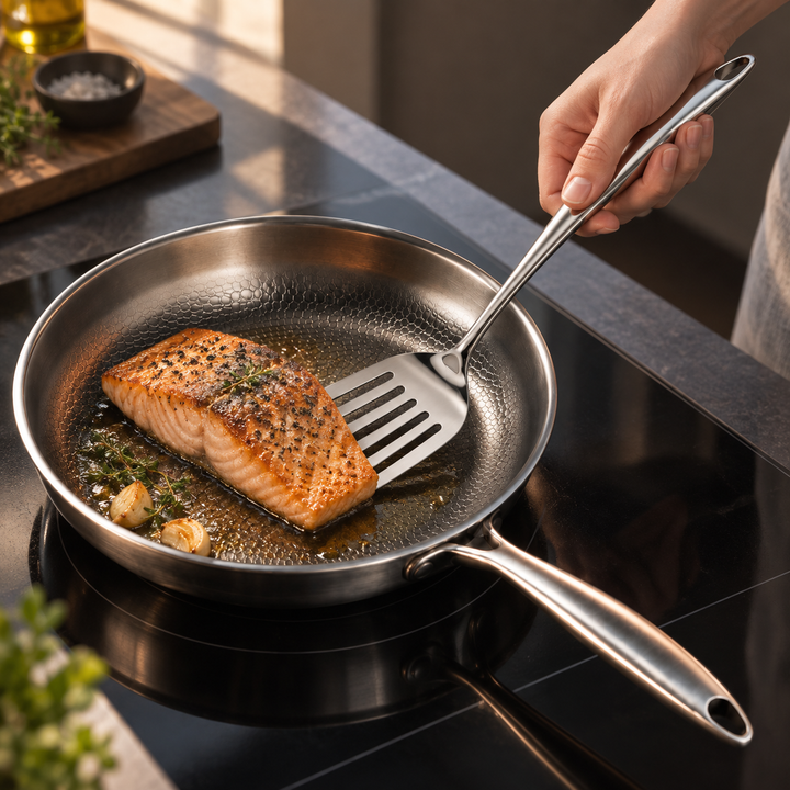 Hand hält den geschlitzten Pfannenwender und wendet ein gebratenes Lachsfilet mit Knoblauch und Thymian in der Edelstahlpfanne. 10