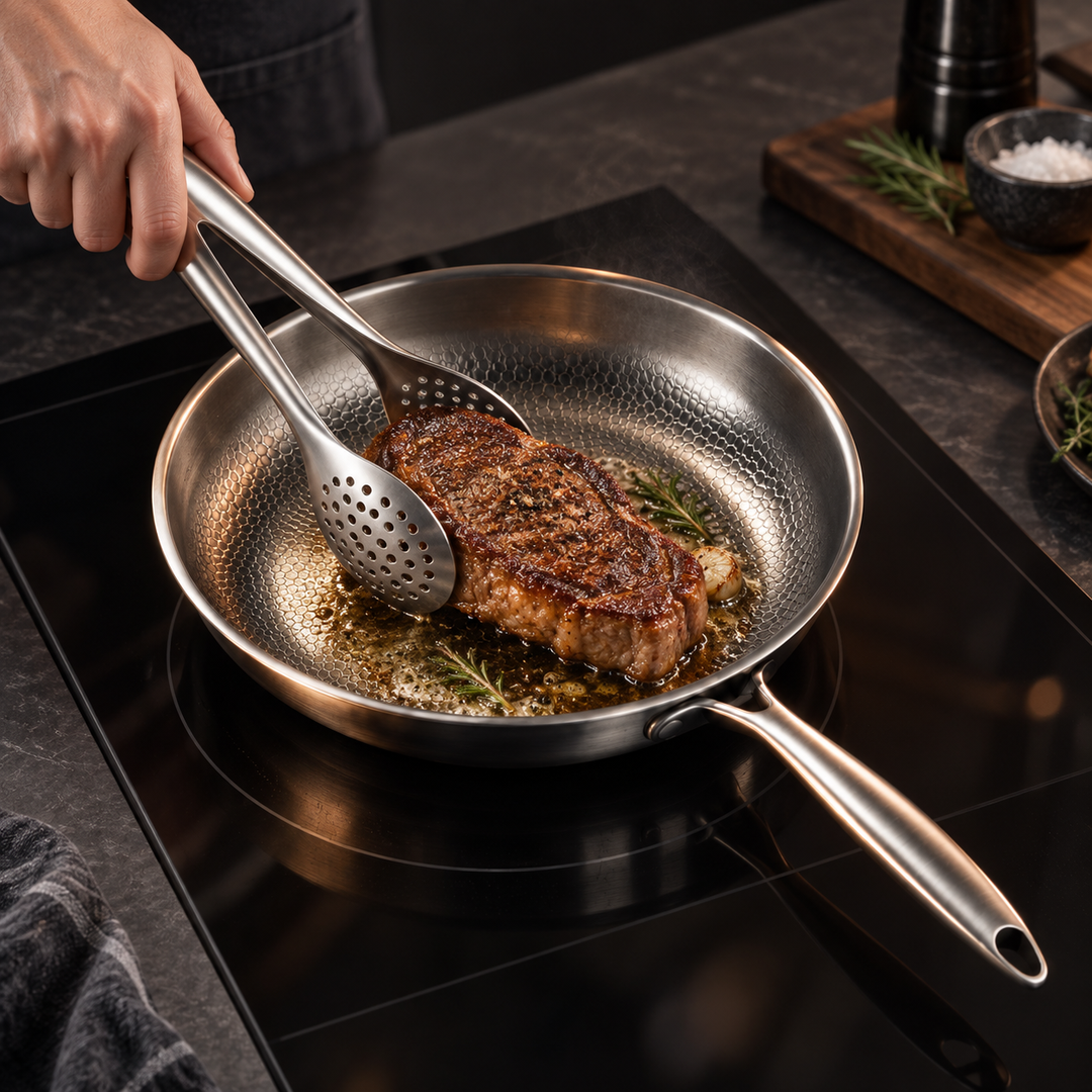 Hand wendet mit der gelochten Edelstahlzange ein gebratenes Steak in einer Edelstahlpfanne auf dem Induktionskochfeld. 9