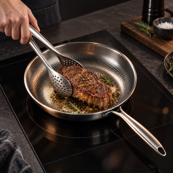 Hand wendet mit der gelochten Edelstahlzange ein gebratenes Steak in einer Edelstahlpfanne auf dem Induktionskochfeld. 9