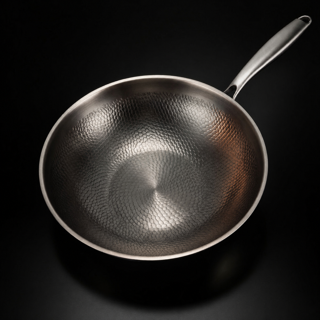 Draufsicht in die leere Pfanne, die das gleichmäßige Hammerschlagmuster der Innenfläche und den langen Metallgriff zeigt. 2