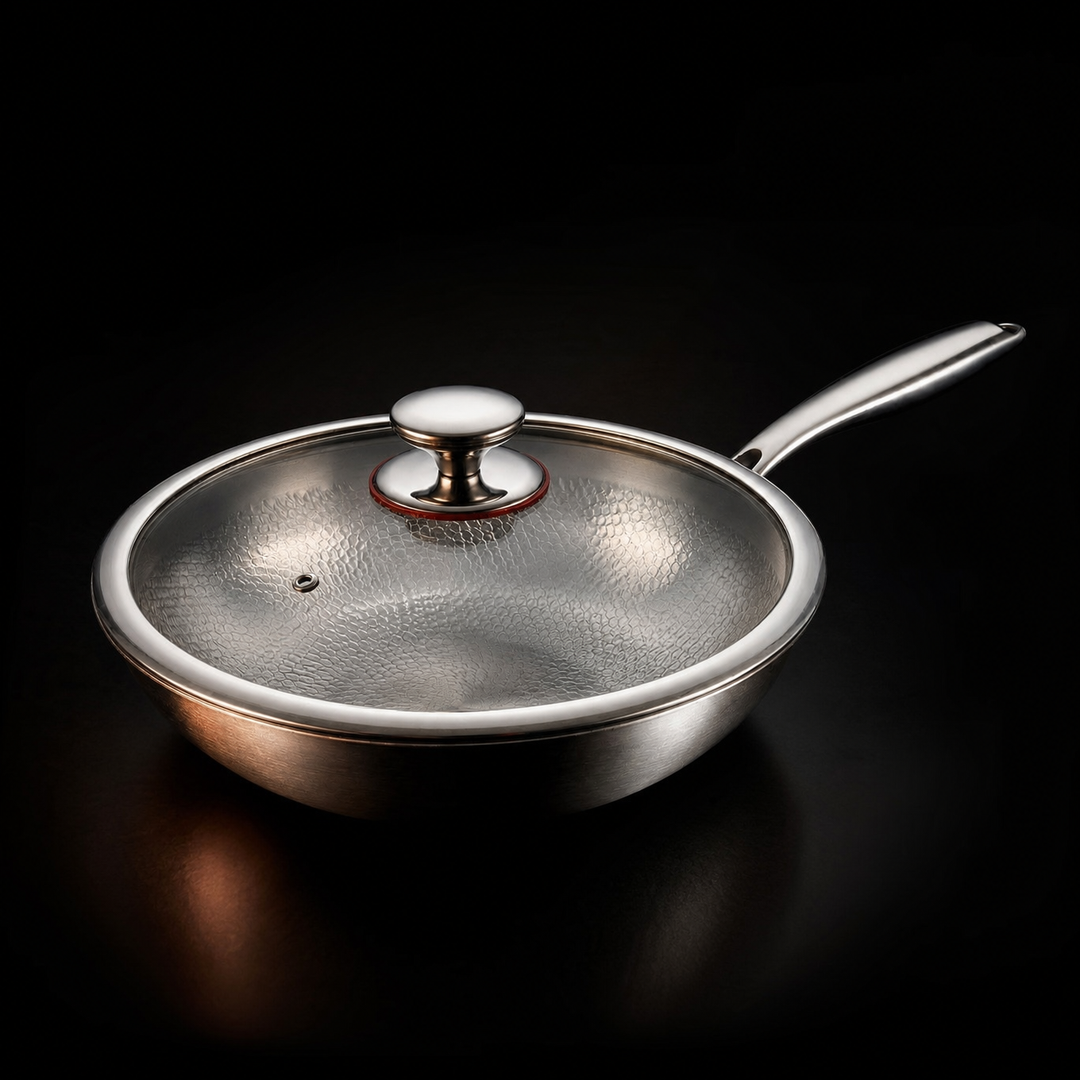 Wok mit aufgesetztem Glasdeckel, Dampföffnung und glänzendem Metallknauf, schräg von vorn vor dunklem Hintergrund. 3