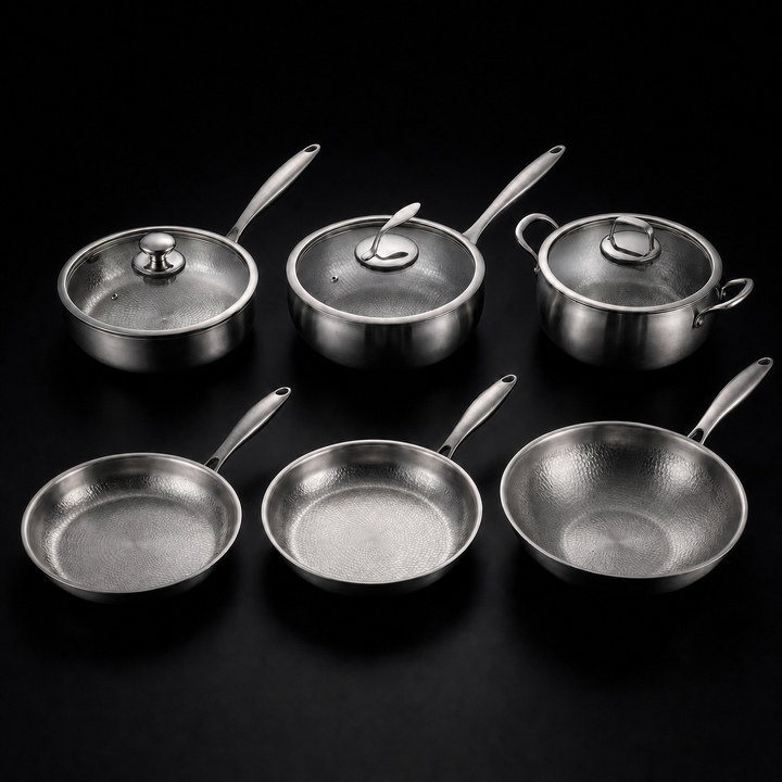 Hand-Hammered Titanium Kitchen Set with 3 Lids (10, 11 & 12 Inch) 1