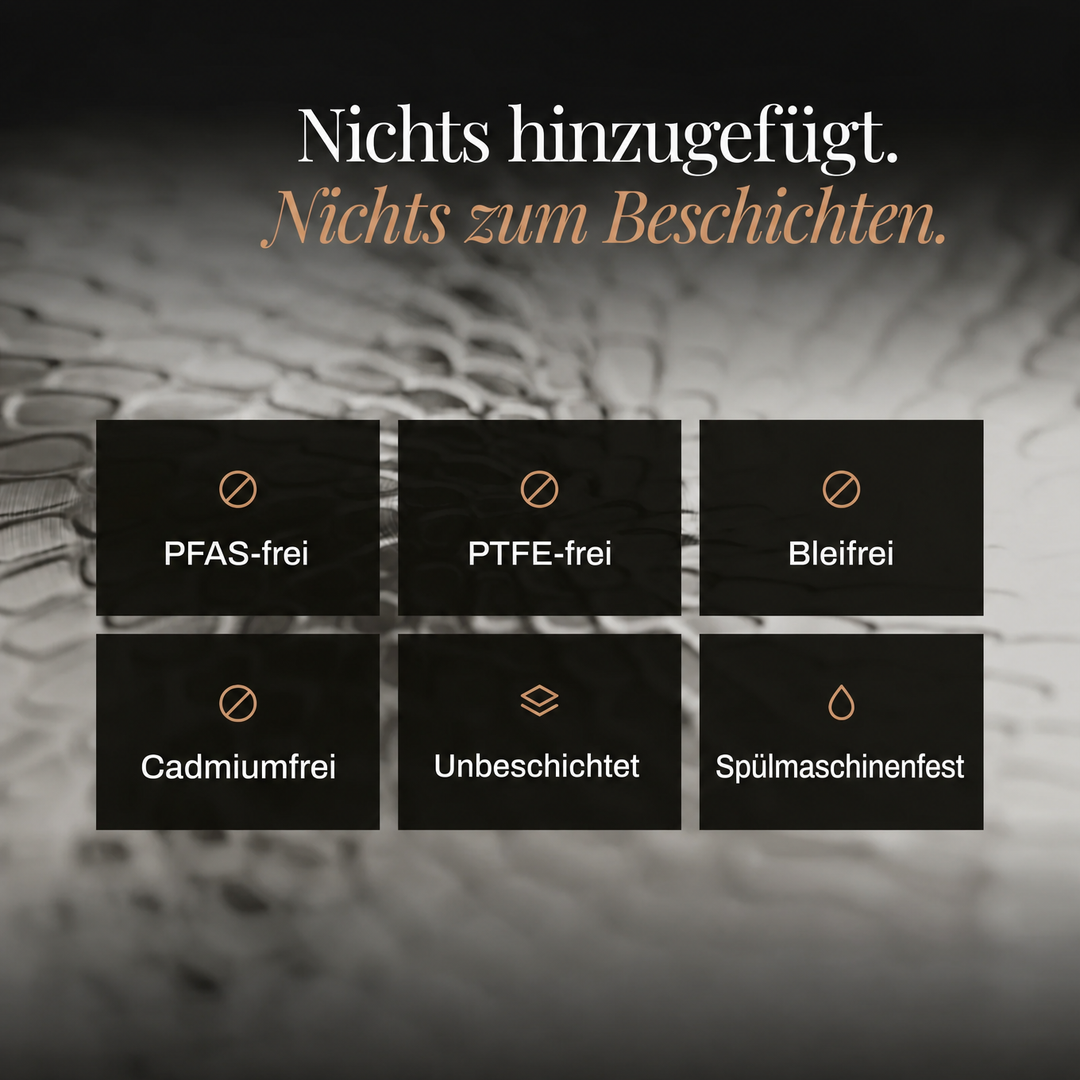 Sechs Symbolkacheln zu Eigenschaften wie frei von PFAS, PTFE, Blei und Cadmium, unbeschichtet und spülmaschinenfest vor Nahaufnahme der Struktur. 7