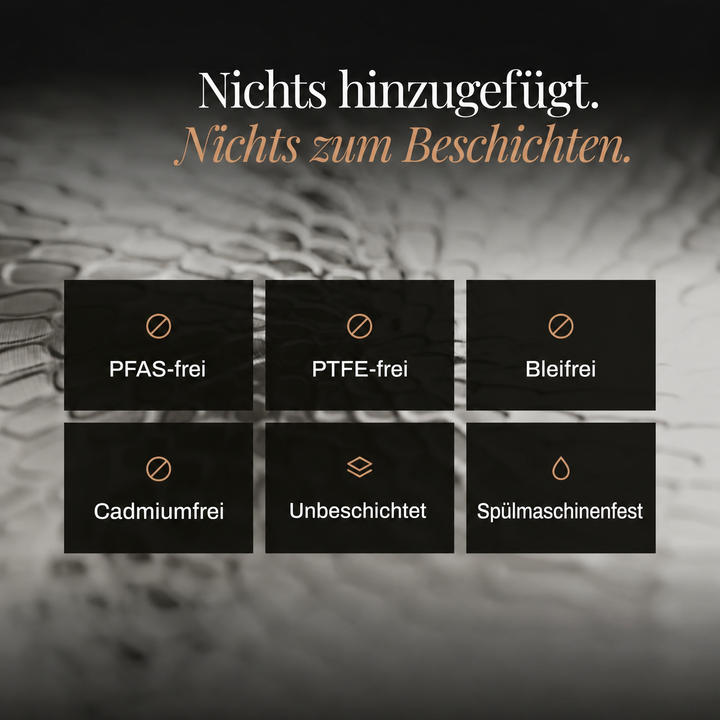 Sechs Symbolkacheln zu Eigenschaften wie frei von PFAS, PTFE, Blei und Cadmium, unbeschichtet und spülmaschinenfest vor Nahaufnahme der Struktur. 7
