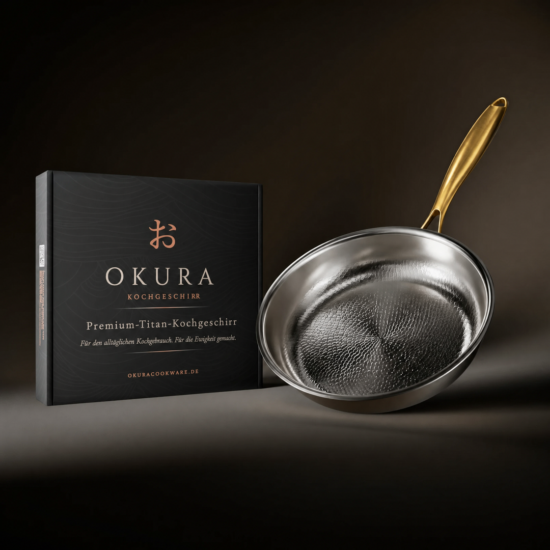 Pfanne mit goldfarbenem Griff neben der schwarzen Verpackungsschachtel mit kupferfarbener Schrift vor dunklem Hintergrund. 8