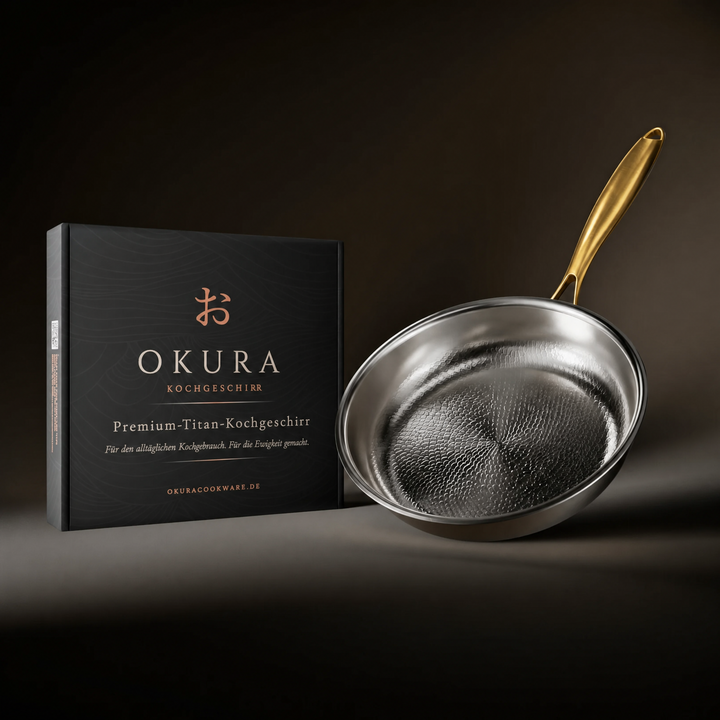 Pfanne mit goldfarbenem Griff neben der schwarzen Verpackungsschachtel mit kupferfarbener Schrift vor dunklem Hintergrund. 8