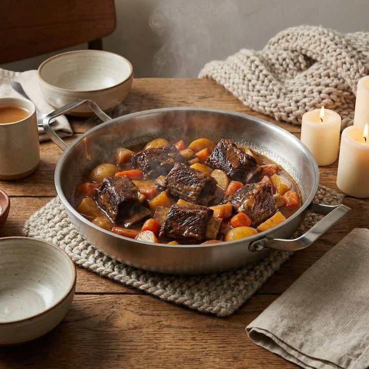 Pfanne mit geschmortem Rindfleisch, Karotten und Kartoffeln auf einem Holztisch mit Topfuntersetzer, Schalen und brennenden Kerzen. 8