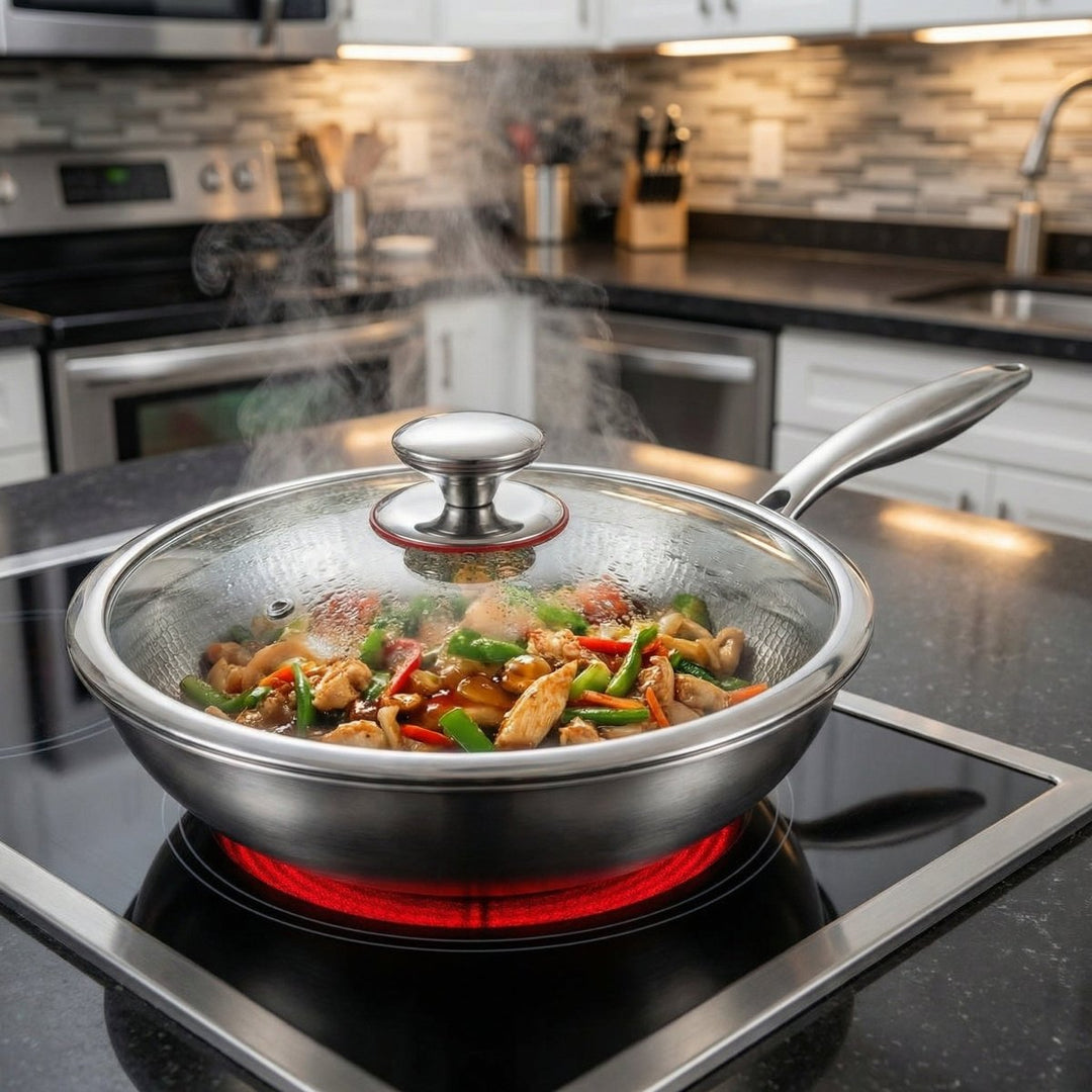 Wok mit Glasdeckel auf einem Glaskeramik-Kochfeld mit rot glühender Platte, darin Hähnchen-Gemüse-Pfanne, Küche im Hintergrund. 6
