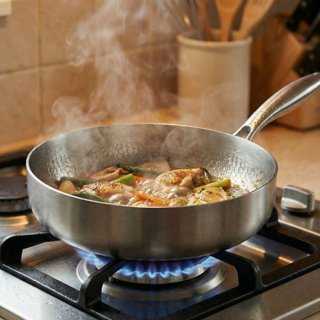 Über blauer Gasflamme köchelt Hähnchen mit Gemüse in Sauce, dabei steigt Dampf aus der Pfanne auf 6