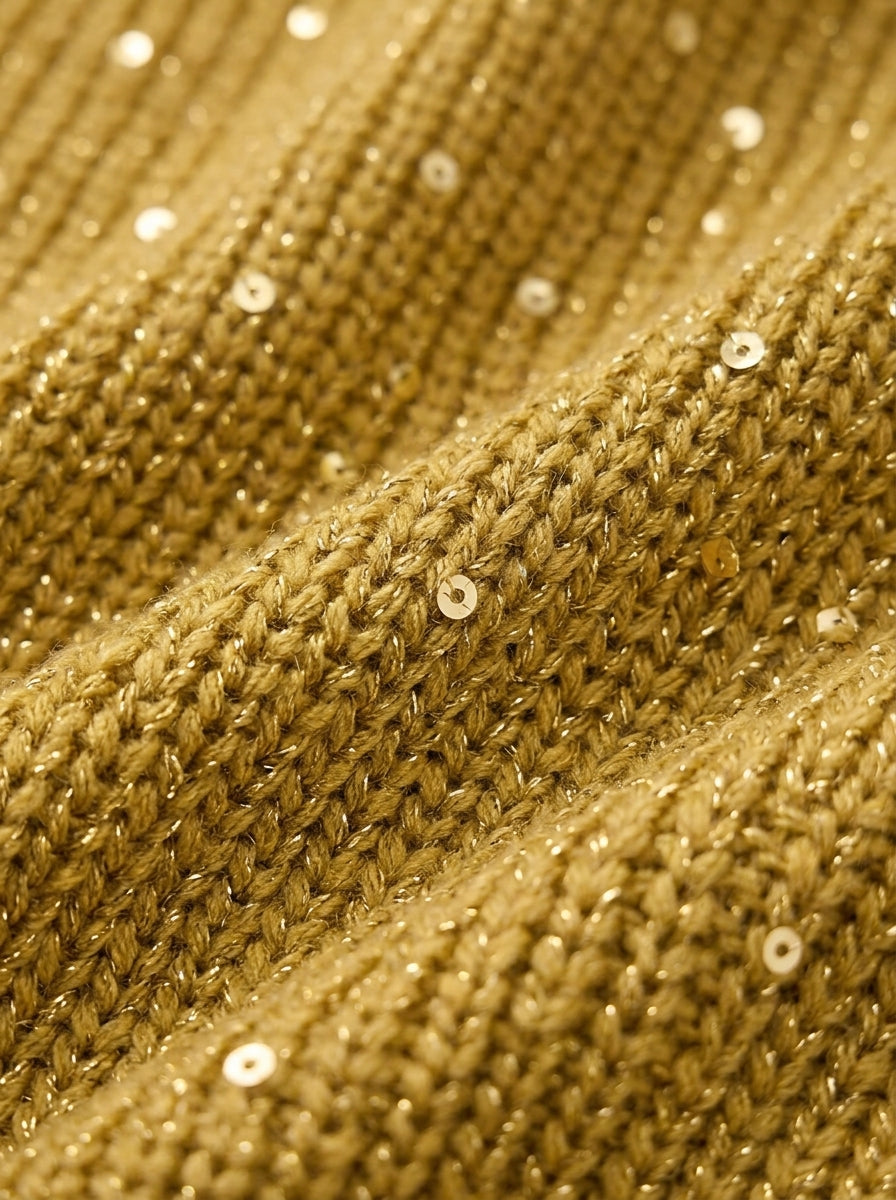 Nahaufnahme des goldfarbenen Strickstoffs mit eingearbeiteten kleinen Pailletten und glitzernden Fäden. 13
