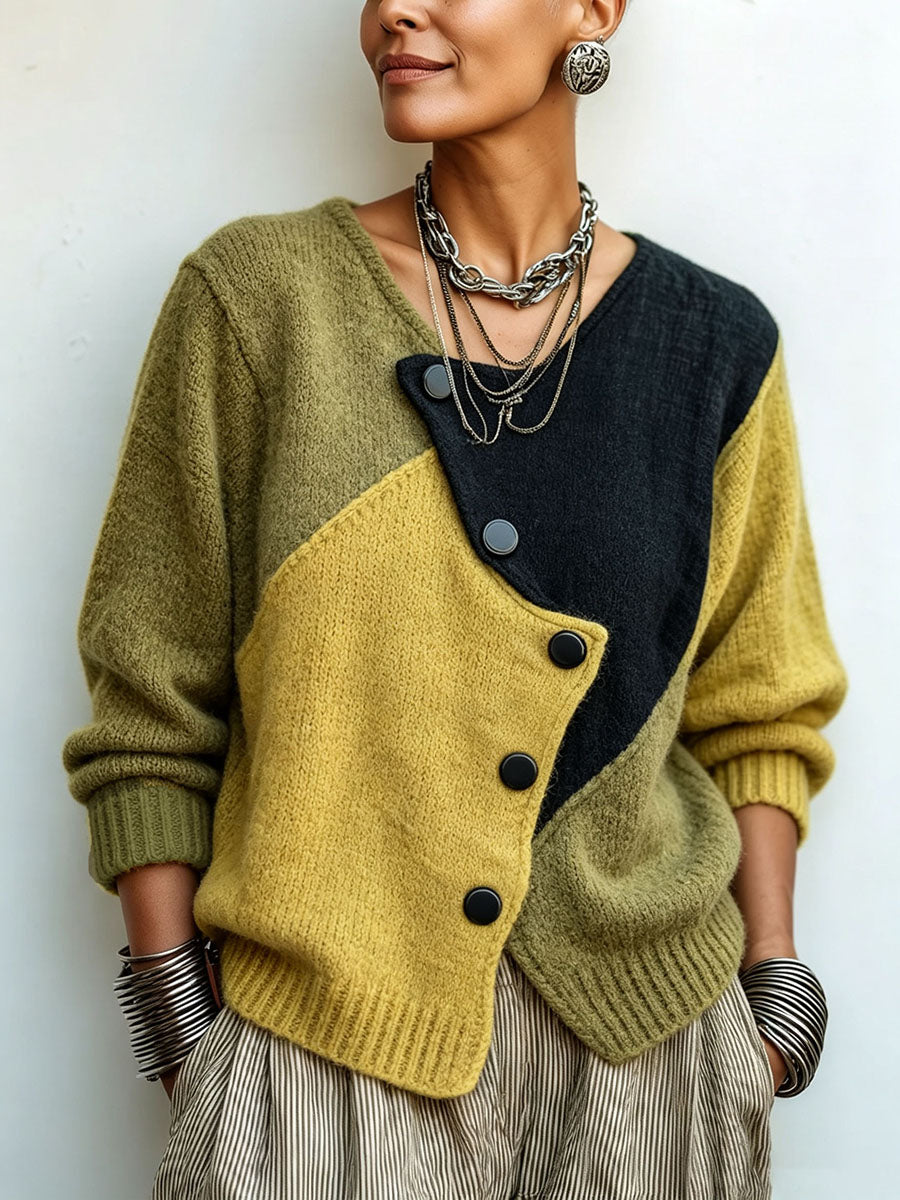 Frontansicht an einer Frau vor heller Wand: Strickpullover in Oliv, Gelb und Schwarz mit schräger Knopfleiste, kombiniert mit Kettenschmuck und gestreifter Hose 1