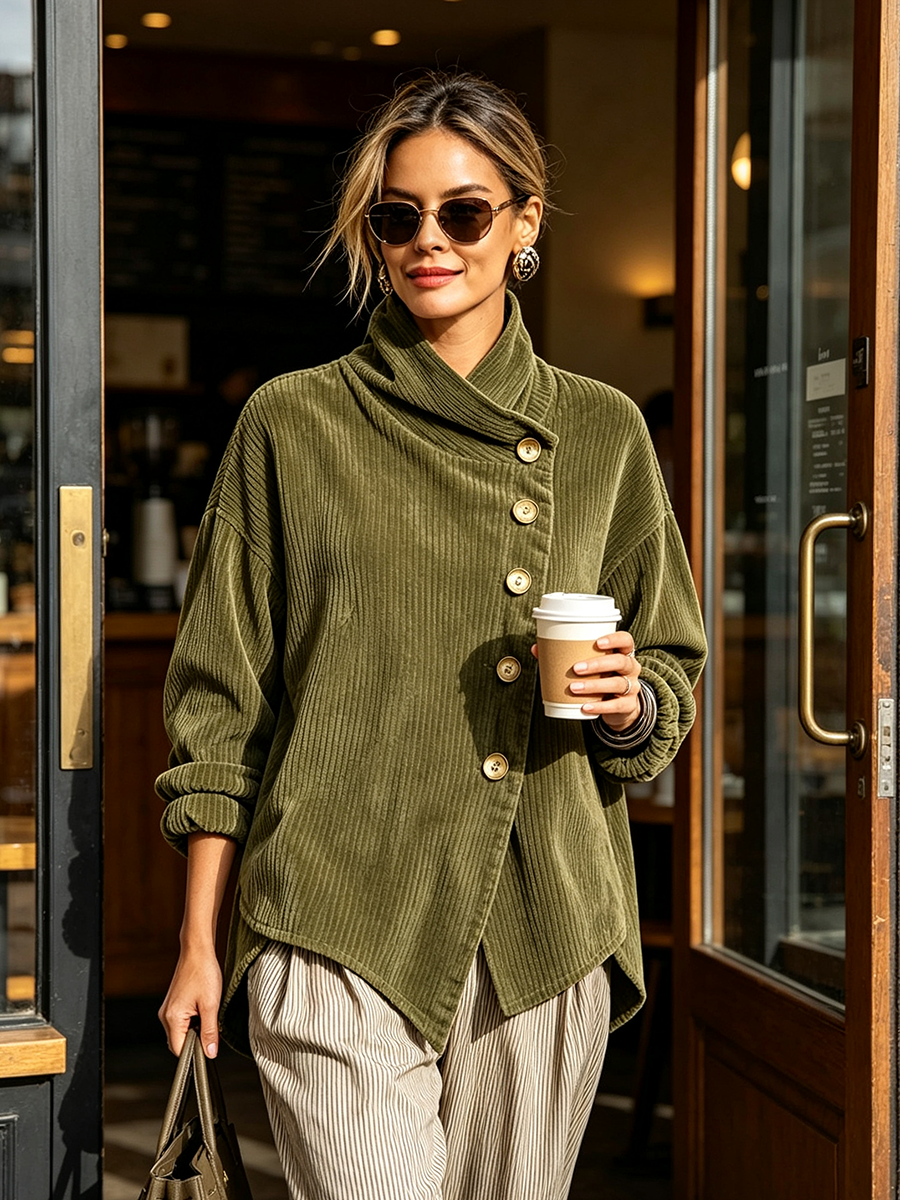 Model in olivgrünem Cord-Sweatshirt mit Sonnenbrille verlässt ein Café, in einer Hand einen Kaffeebecher, in der anderen eine Tasche. 2