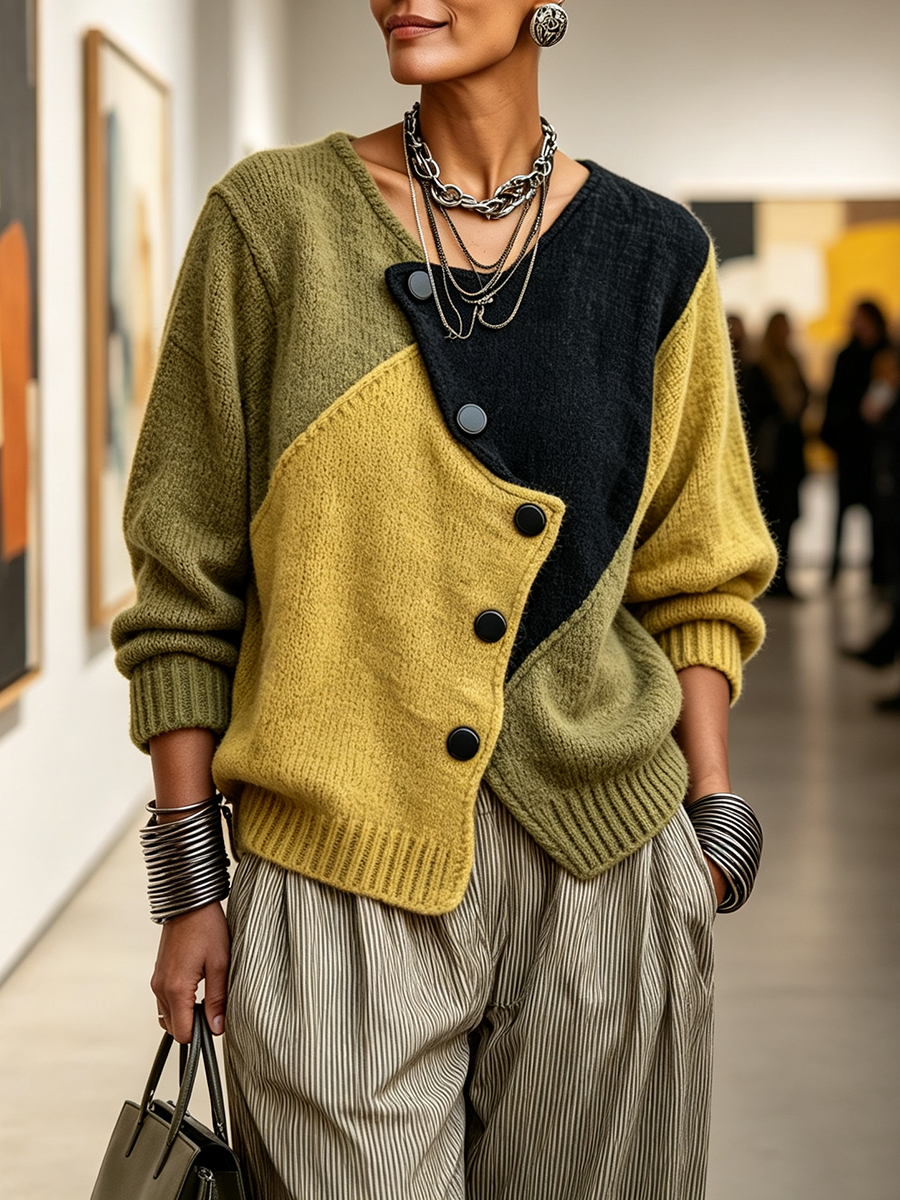 Frau in einer Galerie trägt den mehrfarbigen Strickpullover mit schwarzen Knöpfen, gestreifter weiter Hose und einer Handtasche. 3