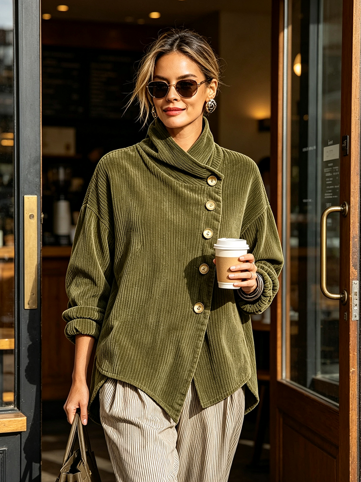 Frau mit Sonnenbrille trägt den olivgrünen Cord-Sweater zu gestreifter Hose und hält vor einem Café einen Kaffeebecher. 3