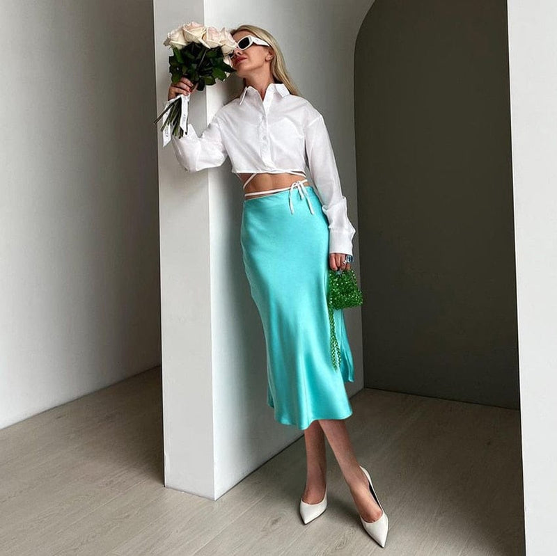 Satin-shimmering women's midi skirt in A-line with high waist – Liora