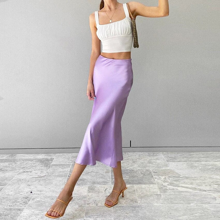 Satin-shimmering women's midi skirt in A-line with high waist – Liora