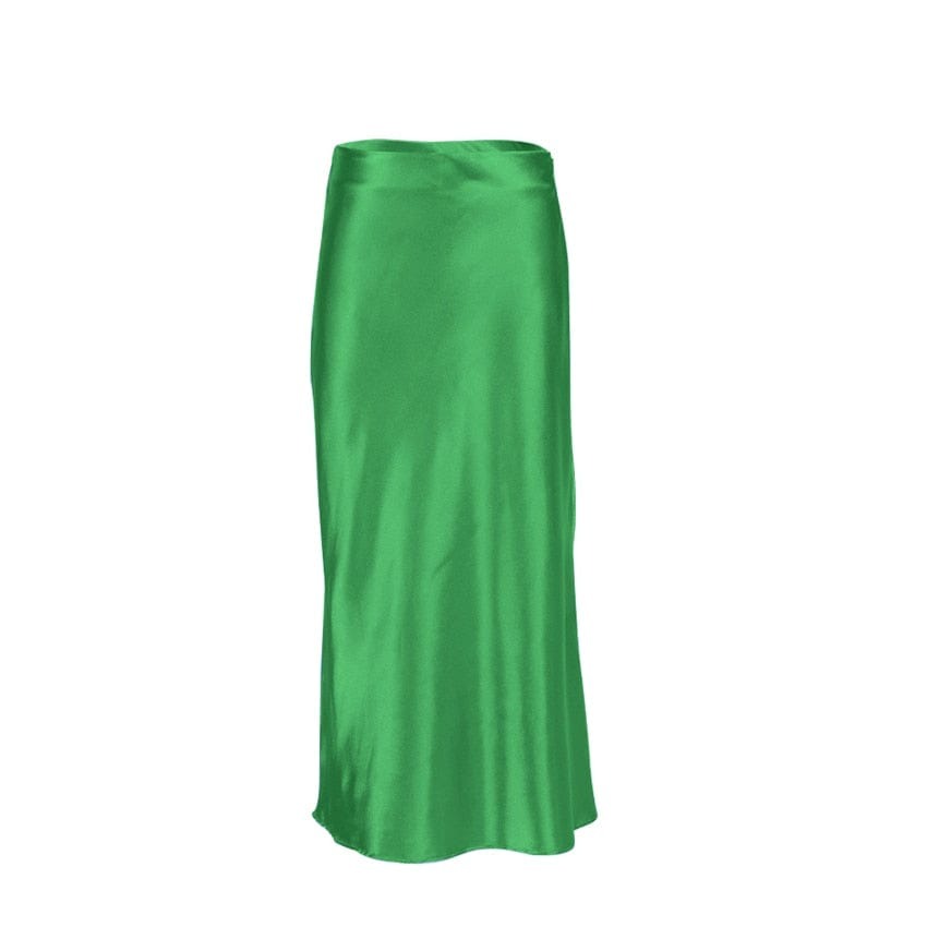 Satin-shimmering women's midi skirt in A-line with high waist – Liora