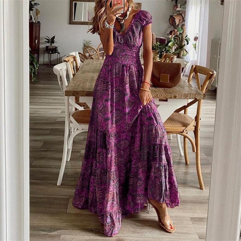 Airy Women's Maxi Dress with Ethnic Print & V-Neck – Nayeli