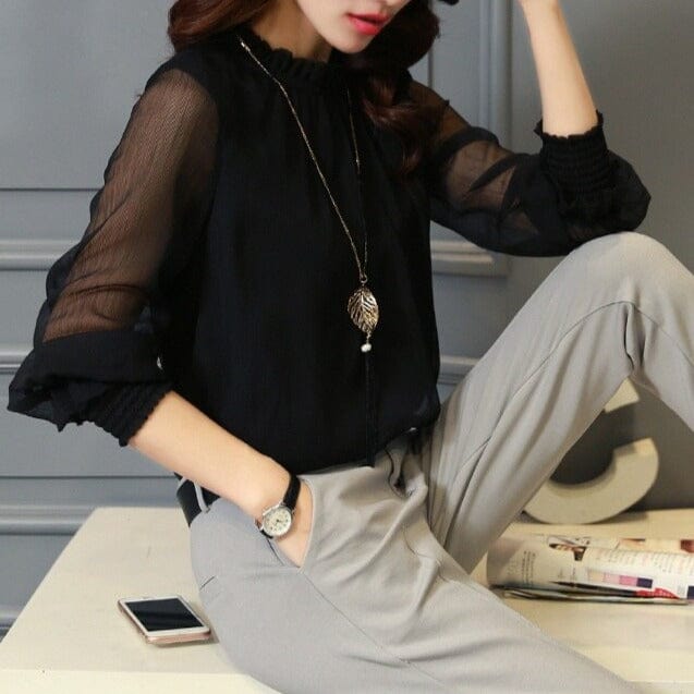 Stylish women's chiffon blouse with ruffles & transparent sleeves – Elina