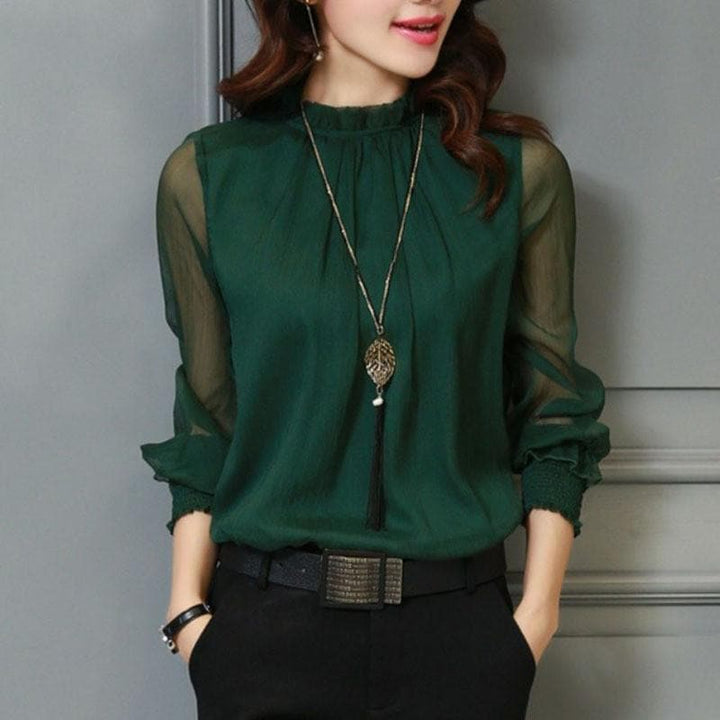 Stylish women's chiffon blouse with ruffles & transparent sleeves – Elina