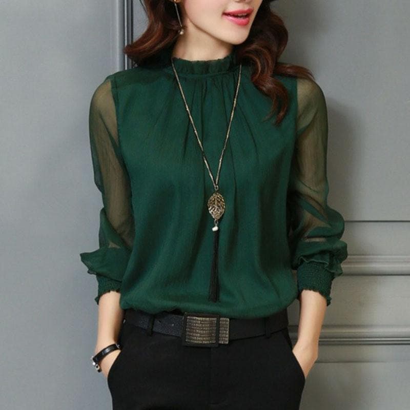 Stylish women's chiffon blouse with ruffles & transparent sleeves – Elina