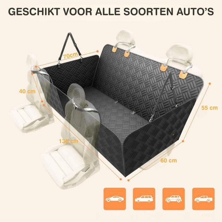 Maßgrafik der Rücksitzverlängerung mit eingezeichneten Abmessungen und vier Fahrzeugsymbolen für die Eignung bei verschiedenen Autotypen. 9