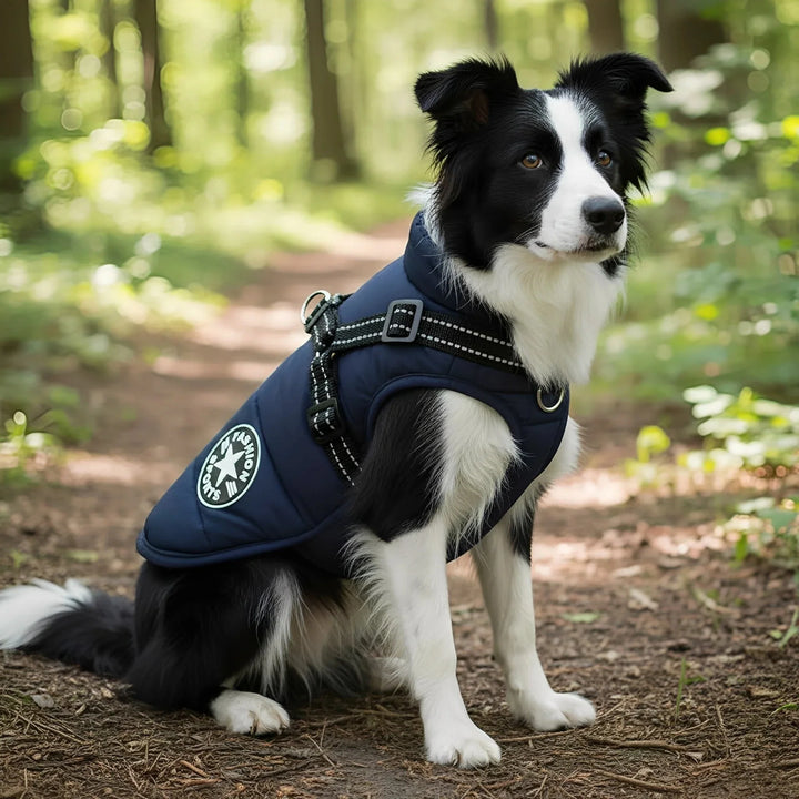 Border Collie sitzt im Wald und trägt den marineblauen, gesteppten Mantel mit Geschirr, seitlich von der Schulter her gesehen. 1