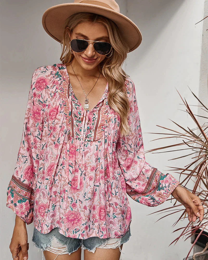 Vintage boheme sommerbluse med blomsterprint og lange ærmer – Sana