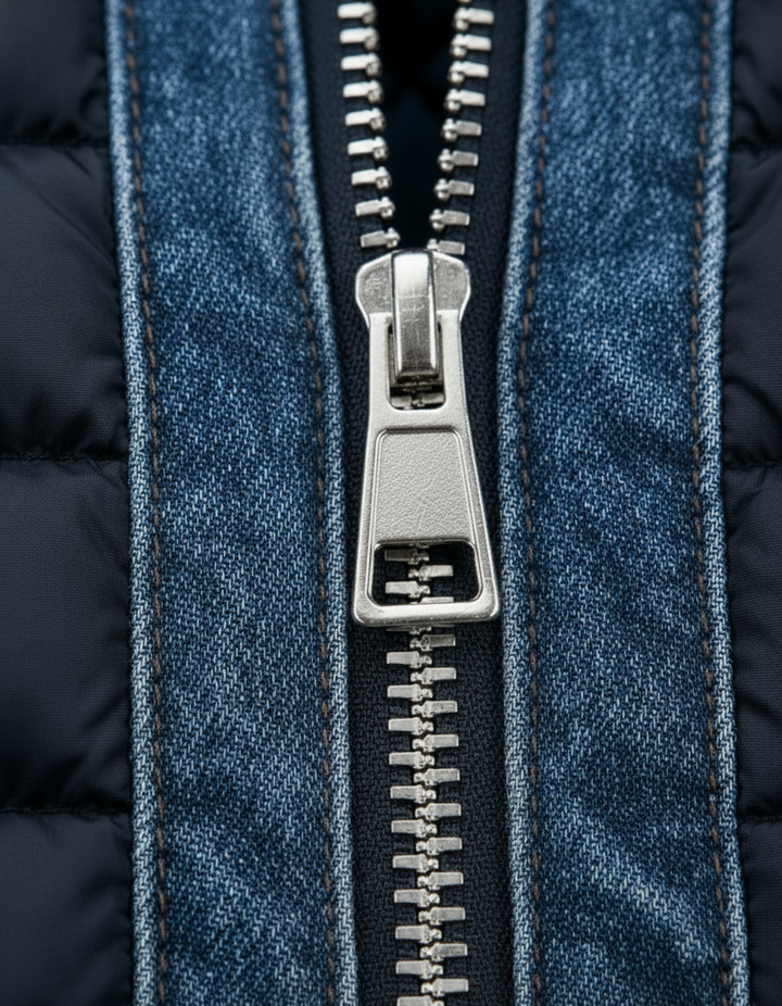 Detailaufnahme des silberfarbenen Metallreißverschlusses mit großem Zipper, eingefasst von Jeansstoff mit brauner Ziernaht und dunkelblauer Steppung seitlich. 4