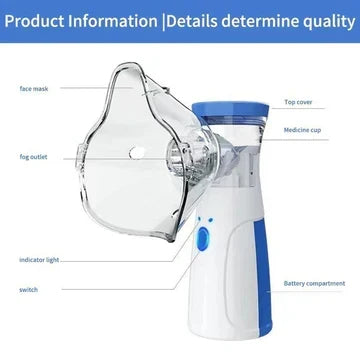Beschriftete Produktansicht mit Pfeilen zu Maske, Nebelausgang, Medikamentenbehälter, Deckel, Kontrollleuchte, Schalter und Batteriefach. 5