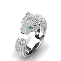 Justerbar ring i 18K sølv og rosaguld med grønne zirkonia-øjne – Jaguar Ring™