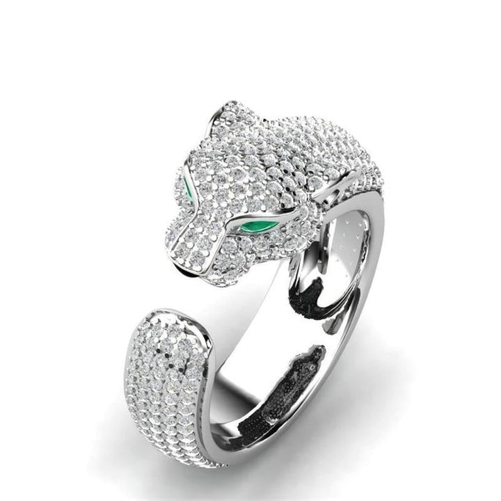 Justerbar ring i 18K sølv og rosaguld med grønne zirkonia-øjne – Jaguar Ring™