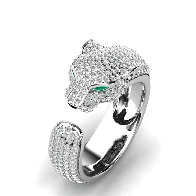 Justerbar ring i 18K sølv og rosaguld med grønne zirkonia-øjne – Jaguar Ring™